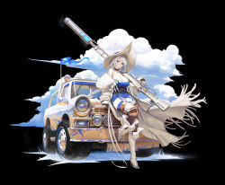 Rule 34 | 1girl, agoto, alchemy stars, azure (alchemy stars), bare shoulders, black background, blue eyes, boots, breasts, brown thighhighs, car, cleavage, cloud, gun, hat, high heels, highres, holding, holding gun, holding weapon, large breasts, looking at viewer, motor vehicle, official art, short hair, silver hair, simple background, solo, thighhighs, weapon