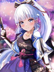 Rule 34 | 1girl, armor, armored dress, ayaka (genshin impact), blunt bangs, blurry, bow, breasts, cherry blossoms, cleavage, collarbone, commentary request, depth of field, folding fan, gauntlets, genshin impact, grey eyes, hair bow, hair ornament, hair ribbon, hand fan, head tilt, highres, holding, long hair, looking at viewer, medium breasts, mole, mole under eye, petals, ponytail, ribbon, sidelocks, silver hair, smile, solo, tress ribbon, umidemi