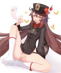 Rule 34 | 1girl, :d, absurdres, arm behind back, black dress, black hat, blush, bottomless, breasts, brown hair, censored, dress, feet, flower, flower-shaped pupils, full body, genshin impact, gesture, ghost, gradient hair, hair between eyes, hand up, hat, hat flower, heart, heart censor, highres, hu tao (genshin impact), kanon (sinto), knee up, kneehighs, knees apart feet together, legs, long hair, long sleeves, looking at viewer, maebari, multicolored hair, nail polish, naughty face, no panties, ofuda, ofuda on pussy, open mouth, plum blossoms, pussy, red eyes, red flower, red hair, red nails, sitting, small breasts, smile, socks, solo, spread legs, sweatdrop, symbol-shaped pupils, thighs, twintails, two-tone hair, very long hair, white socks, wide sleeves