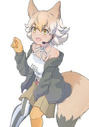 Rule 34 | 1girl, american flag, animal ears, asymmetrical legwear, belt, black jacket, black thighhighs, blonde hair, blush, choker, commentary, coyote (kemono friends), extra ears, gloves, hair between eyes, highres, ikacho ( ika cho), jacket, kemono friends, kemono friends v project, light brown hair, long sleeves, microphone, midriff, multicolored hair, open clothes, open jacket, shirt, short hair, sitting, solo, spaghetti strap, striped clothes, striped thighhighs, thighhighs, two-tone legwear, vertical-striped clothes, vertical-striped thighhighs, virtual youtuber, white belt, white choker, white hair, white shirt, white thighhighs, wolf ears, yellow eyes, yellow gloves, yellow thighhighs, zettai ryouiki