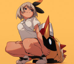 Rule 34 | 1girl, bea (pokemon), between breasts, black hairband, blonde hair, bow hairband, breasts, closed mouth, collared shirt, commentary request, creatures (company), dark-skinned female, dark skin, eyelashes, falinks, from below, fu-ta, game freak, gen 8 pokemon, grey eyes, hairband, looking back, nintendo, panties, pantyshot, pokemon, pokemon (creature), pokemon swsh, school uniform, shirt, shoes, short hair, short sleeves, skirt, smile, squatting, strap between breasts, striped clothes, striped panties, underwear, white bag, white footwear, white shirt, yellow background