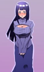 Rule 34 | 1girl, blush, breasts, cleavage, cleavage cutout, clothing cutout, female focus, gradient background, highres, hyuuga hinata, large breasts, long hair, looking at viewer, meme attire, naruto, naruto (series), open-chest sweater, purple background, purple hair, purple theme, ribbed sweater, ryu miyako, skirt, solo, sweatdrop, sweater, turtleneck