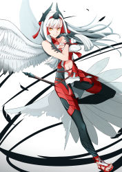 Rule 34 | 1girl, absurdres, black gloves, black pantyhose, closed mouth, clothing cutout, crossed arms, fate/grand order, fate (series), feathered wings, feathers, full body, gloves, gradient background, grey background, highres, horns, kiichi hougen (fate), long hair, looking at viewer, navel, navel cutout, pantyhose, red footwear, sandals, simple background, smile, solo, standing, standing on one leg, toeless legwear, toes, white background, white hair, white wings, wings, yellow eyes, yuniyuni