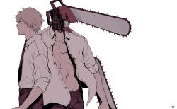 Rule 34 | 1boy, black necktie, blonde hair, chainsaw, chainsaw man, collared shirt, denji (chainsaw man), facing to the side, highres, looking to the side, necktie, open clothes, open shirt, sharp teeth, shirt, shirt tucked in, short hair, simple background, solo, teeth, ufkqz, unbuttoned, unbuttoned shirt, white background, white shirt