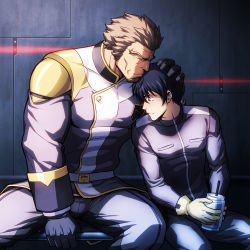 Rule 34 | 2boys, bara, beard, belt, blush, building, collared shirt, crank zent, ein dalton, facial hair, gloves, gundam, hand on another&#039;s head, highres, large pectorals, male focus, mature male, multiple boys, muscular, muscular male, pants, pectorals, puffy chest, shirt, sitting, tight clothes, wrinkled skin, zelo-lee