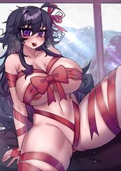 Rule 34 | 1girl, ahoge, blush, breasts, candy, chocolate, crawling dreams, curvy, food, highres, huge breasts, long hair, looking at viewer, mountain, mountainous horizon, naked ribbon, nipple slip, nipples, nyarla (osiimi), osiimi, purple eyes, purple hair, ribbon, sitting, solo, spread legs, thick thighs, thighs, valentine, wide hips, window, winter