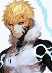 Rule 34 | 1boy, black sclera, blonde hair, closed mouth, colored sclera, cyborg, earrings, electricity, genos, highres, hood, hoodie, jewelry, kamiya miwo, looking at viewer, male focus, mechanical arms, one-punch man, signature, simple background, solo, torso, upper body, white hoodie, yellow eyes