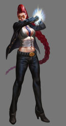 Rule 34 | 1girl, bam (s2leona), between breasts, black gloves, braid, breasts, crimson viper, electricity, formal, full body, gloves, large breasts, lipstick, long hair, makeup, midriff, navel, necktie, necktie between breasts, pants, pompadour, red hair, safety glasses, single braid, solo, street fighter, street fighter iv (series), suit, tinted eyewear, very long hair, yellow-tinted eyewear
