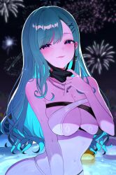 Rule 34 | 1girl, :p, bikini, black bikini, black mask, blush, breasts, chain, chain necklace, cross-laced clothes, earrings, fireworks, green hair, hair behind ear, hair ornament, hairclip, half-closed eyes, highres, jewelry, large breasts, long hair, looking at viewer, mask, mask pull, mole, mole on breast, mouth mask, multicolored bikini, multicolored clothes, naughty face, navel, necklace, night, panties, purple eyes, skindentation, solo, spiked ear piercing, strapless, strapless bikini, string panties, swept bangs, swimsuit, tongue, tongue out, triangle earrings, two-tone bikini, underwear, very long hair, virtual youtuber, vspo!, water, wavy hair, wet, white bikini, x hair ornament, yakumo beni, yakumo beni (3rd anniversary), yofo