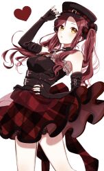 Rule 34 | 1girl, belt, black belt, black gloves, black hat, bow, breasts, choker, commentary, cowboy shot, elbow gloves, fingerless gloves, gloves, hair bow, hand on headwear, hat, heart, highres, light blush, long hair, looking at viewer, love live!, love live! sunshine!!, medium breasts, miniskirt, nail polish, nky4321, parted lips, peaked cap, plaid, plaid bow, plaid skirt, red bow, red hair, red nails, red skirt, sakurauchi riko, simple background, skirt, sleeveless, solo, twintails, white background, yellow eyes
