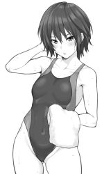 Rule 34 | 1girl, amagami, bob cut, breasts, collarbone, competition swimsuit, covered navel, cowboy shot, greyscale, groin, looking at viewer, monochrome, nanasaki ai, one-piece swimsuit, parted lips, short hair, shouji nigou, small breasts, solo, standing, swimsuit, towel, wet