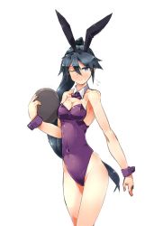 Rule 34 | 10s, 1girl, alternate costume, animal ears, bare legs, bare shoulders, blue eyes, blue hair, blush, bow, bowtie, breasts, rabbit ears, rabbit tail, covered navel, depo (typebaby505), detached collar, fake animal ears, flying sweatdrops, hair between eyes, hair ornament, hair ribbon, highres, holding, holding tray, houshou (kancolle), kantai collection, leotard, matching hair/eyes, one eye closed, playboy bunny, ponytail, ribbon, simple background, small breasts, solo, sweatdrop, tail, tray, white background, wrist cuffs