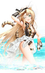 Rule 34 | 1girl, ;d, animal ears, arknights, arm up, armpits, bare shoulders, black one-piece swimsuit, blonde hair, commentary request, green eyes, highres, holding, holding clothes, holding footwear, long hair, looking at viewer, one-piece swimsuit, one eye closed, open mouth, smile, solo, swimsuit, swire (arknights), swire the elegant wit (arknights), tail, thigh strap, thighs, tiger ears, tiger tail, very long hair, wading, water, white background, white headwear, yokaze (yokajie)