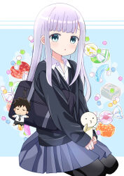 Rule 34 | 1girl, :o, absurdres, aharen-san wa hakarenai, aharen reina, bag, bag charm, black cardigan, black pantyhose, blue background, blue eyes, blue skirt, blush, candy, candy wrapper, cardigan, character doll, charm (object), collared shirt, commission, dress shirt, grey hair, highres, long hair, long sleeves, looking at viewer, matsuboshi raidou, pantyhose, parted lips, pixiv commission, pleated skirt, puffy long sleeves, puffy sleeves, ryoutan, school bag, school uniform, seiza, shirt, sitting, skirt, sleeves past wrists, solo, two-tone background, white background, white shirt, wrapped candy