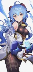 Rule 34 | 1girl, ahoge, bare shoulders, bell, black gloves, black pantyhose, blue hair, bodystocking, breasts, detached sleeves, ganyu (genshin impact), genshin impact, gloves, goat horns, gold trim, highres, horns, long hair, looking at viewer, low ponytail, medium breasts, neck bell, orb, pantyhose, parted lips, purple eyes, red rope, rope, sidelocks, simple background, solo, standing, thighlet, white background, white sleeves, wide sleeves, yuujin (yuzinn333)