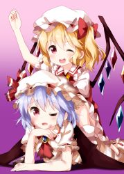 Rule 34 | 2girls, arm up, ascot, bat wings, blonde hair, brooch, clenched hand, collared shirt, crystal, dirty, flandre scarlet, full body, gradient background, hair between eyes, hand on own chin, hat, hat ribbon, highres, jewelry, looking at viewer, lying, medium hair, mob cap, multiple girls, on person, on stomach, one eye closed, open mouth, pink background, puffy short sleeves, puffy sleeves, purple background, purple hair, red ascot, red eyes, red ribbon, red shirt, red skirt, remilia scarlet, ribbon, ribbon-trimmed skirt, ribbon trim, ruu (tksymkw), shirt, short sleeves, side ponytail, skirt, socks, sweat, teeth, touhou, v-shaped eyebrows, white headwear, white legwear, white shirt, white skirt, wings, yellow ascot