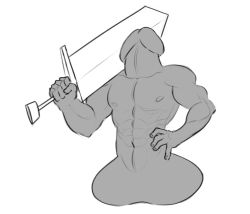 Rule 34 | 1boy, abs, commentary, greatsword, greyscale, hand on own hip, hand up, holding, holding sword, holding weapon, male focus, monochrome, muscular, nipples, nude, original, over shoulder, penis, solo, suoiresnu, sword, testicles, weapon, weapon over shoulder