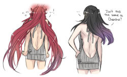 Rule 34 | 2girls, anger vein, ass, back, backless dress, backless outfit, bare back, bare shoulders, black hair, blush, breasts, butt crack, clothes pull, cordelia (fire emblem), cropped legs, dimples of venus, dress, english text, facial mark, female focus, fire emblem, fire emblem awakening, from behind, grey dress, hand on own hip, long hair, meme attire, multiple girls, naked sweater, nintendo, no bra, no panties, red hair, ribbed sweater, sideboob, simple background, spoken anger vein, sweater, sweater dress, sweater pull, tearing up, text focus, tharja (fire emblem), turtleneck, turtleneck sweater, very long hair, virgin killer sweater, whisker markings, white background