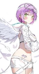 Rule 34 | 1girl, angel wings, belt, blush, breasts, chest strap, closed mouth, cross, cross earrings, crossed arms, demon tail, earrings, feathered wings, from side, gloves, goggles, goggles on head, green eyes, highres, hololive, hooded shrug, jewelry, long sleeves, looking at viewer, looking back, medium breasts, melting tail, midriff, multicolored hair, navel, navel piercing, orobou, piercing, purple hair, ribbed shirt, see-through, see-through sleeves, shirt, short hair, short shorts, shorts, shrug (clothing), solo, spike piercing, strapless, sweat, tail, thigh belt, thigh strap, tokoyami towa, tokoyami towa (5th costume), tube top, turtleneck, virtual youtuber, wavy mouth, white belt, white gloves, white shorts, white shrug, white tail, white tube top, white wings, winged heart tattoo, wings