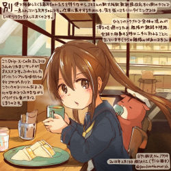 Rule 34 | 1girl, admiral (kancolle), animal, black sailor collar, black serafuku, brown eyes, brown hair, colored pencil (medium), commentary request, cup, dated, food, fumizuki (kancolle), hair between eyes, hamster, holding, holding cup, kantai collection, kirisawa juuzou, long hair, long sleeves, non-human admiral (kancolle), numbered, open mouth, ponytail, revision, sailor collar, school uniform, serafuku, traditional media, translation request, twitter username