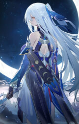 Rule 34 | 1girl, absurdres, bare shoulders, black gloves, blue hair, chinese commentary, commentary request, cowboy shot, crescent moon, detached sleeves, echj, from behind, gloves, highres, honkai: star rail, honkai (series), huge moon, jingliu (honkai: star rail), long hair, long sleeves, looking at viewer, looking back, moon, orange eyes, outdoors, solo, standing, very long hair