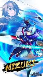 Rule 34 | blue eyes, blue gloves, blue hair, boots, flat chest, gloves, grand summoners, highres, kunai, mizuki(grand summoners), ninja, purple scarf, scarf, smile, tomboy, weapon