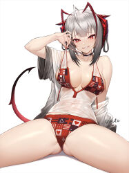 Rule 34 | 1girl, ahoge, antenna hair, antennae, arknights, arm support, artist name, ass, bare shoulders, bikini, blush, breasts, cokuto1, collarbone, commentary request, covered navel, demon girl, demon horns, demon tail, gluteal fold, grey hair, grin, horns, jacket, looking at viewer, medium breasts, medium hair, off shoulder, panties, print bikini, print panties, red bikini, red eyes, see-through, see-through jacket, short sleeves, sitting, smile, solo, spread legs, swimsuit, tail, thighs, underwear, w (arknights), white background, wide sleeves