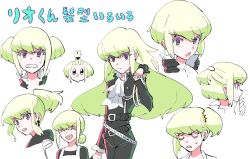 Rule 34 | 1boy, androgynous, apron, black gloves, black jacket, blonde hair, blush, ascot, ena (interknm305), closed eyes, gloves, green hair, half gloves, jacket, lio fotia, long hair, male focus, open mouth, ponytail, promare, purple eyes, short twintails, side ponytail, smile, twintails