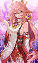 Rule 34 | 1girl, animal ears, breasts, commentary request, cowboy shot, detached sleeves, fox ears, genshin impact, highres, large breasts, long hair, looking at viewer, nontraditional miko, pink hair, purple eyes, red skirt, setta shu, shirt, sideboob, skirt, sleeveless, sleeveless shirt, smile, solo, standing, very long hair, white shirt, yae miko