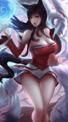 Rule 34 | 1girl, ahri (league of legends), animal ears, bare shoulders, black hair, breasts, cleavage, detached sleeves, facial mark, fox ears, fox girl, fox tail, highres, large breasts, league of legends, looking at viewer, low neckline, magic, mcdobo, multiple tails, nail polish, solo, tagme, tail, whisker markings, yellow eyes