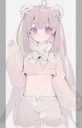Rule 34 | 1girl, ahoge, animal ears, bear ears, blush, brown hair, brown shirt, brown shorts, commentary request, crop top, drawstring, eyebrows hidden by hair, hand up, highres, long hair, long sleeves, looking at viewer, midriff, navel, original, parted lips, puffy long sleeves, puffy sleeves, red eyes, shirt, short shorts, shorts, sleeves past wrists, solo, suzumori uina, thick eyebrows, very long hair