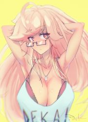 Rule 34 | 1girl, 2020, absurdres, ahoge, alma armas, armpits, arms behind head, arms up, blonde hair, blush, bra, bra strap, breasts, cleavage, clothes writing, glasses, hands in hair, highres, huge ahoge, huge filesize, jewelry, large breasts, long hair, looking at viewer, looking over eyewear, mole, mole on breast, pendant, puk (higanbana doujin), purple bra, red eyes, semi-rimless eyewear, signature, solo, spaghetti strap, tank top, under-rim eyewear, underwear, va-11 hall-a, yellow background