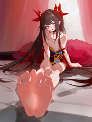 1girl :p absurdres barefoot black_hair breasts breasts_out feet highres honkai:_star_rail honkai_(series) light_blush long_hair looking_at_viewer nipples red_eyes sexmiss soles sparkle_(honkai:_star_rail) toes tongue tongue_out twintails