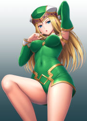 Rule 34 | 1girl, arm behind head, bare legs, blonde hair, blue eyes, breasts, breasts apart, cameltoe, chestnut mouth, commentary request, covered erect nipples, covered navel, cowboy shot, detached sleeves, flower, freya (valkyrie profile), gradient background, hat, impossible clothes, lambda (kusowarota), long hair, looking at viewer, medium breasts, nail polish, open mouth, pink nails, simple background, solo, thighs, triangle mouth, valkyrie profile (series)