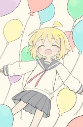 Rule 34 | 1girl, ahoge, balloon, black sailor collar, black skirt, blonde hair, blush, brown background, commentary, facing viewer, feet out of frame, highres, kibisake, long sleeves, neck ribbon, null-meta, open mouth, outstretched arms, pleated skirt, red ribbon, ribbon, sailor collar, school uniform, serafuku, shirt, short hair, simple background, skirt, sleeves past wrists, smile, solo, spread arms, symbol-only commentary, uozumi kurumi, white shirt
