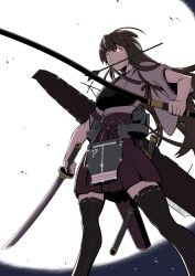 Rule 34 | 1girl, akagi (kancolle), apron, arrow in mouth, backlighting, black thighhighs, bow (weapon), brown hair, deshima shin, flight deck, from below, full moon, hakama, hakama short skirt, hakama skirt, holding, holding bow (weapon), holding sword, holding weapon, japanese clothes, kantai collection, katana, long hair, moon, mouth hold, muneate, night, quiver, red hakama, red skirt, skirt, solo, sword, tasuki, thighhighs, unsheathed, weapon, yellow eyes
