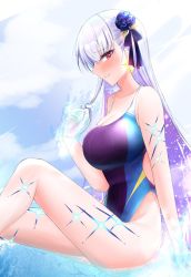 Rule 34 | 1girl, bare shoulders, blue hair, blush, body markings, breasts, competition swimsuit, earrings, fate/grand order, fate (series), flower, hair flower, hair ornament, hair ribbon, jewelry, kama (fate), kama (swimsuit avenger) (fate), large breasts, long hair, looking at viewer, lotus, multicolored hair, one-piece swimsuit, red eyes, ribbon, solo, star (symbol), star earrings, swimsuit, thighs, two-tone hair, white hair, yumeneko nyaa