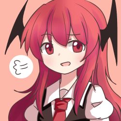 Rule 34 | :d, puff of air, bat wings, black vest, blush, circle, collared shirt, commentary, hair between eyes, head wings, koakuma, long hair, looking at viewer, necktie, open mouth, pink background, puffy sleeves, qqq, raised eyebrow, red eyes, red hair, red neckwear, shirt, sidelocks, simple background, smile, touhou, upper body, vest, white shirt, wings