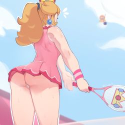 Rule 34 | 1girl, absurdres, ass, blonde hair, camera, crown, crown (symbol), dress, earrings, fishing line, fishing rod, from behind, from below, from side, glint, hair tie, highres, holding, holding fishing rod, holding racket, jewelry, lakitu, looking at viewer, mario (series), mario tennis, mario tennis aces, medium hair, microdress, nintendo, notice lines, open hand, outdoors, panties, pink dress, pink wristband, ponytail, princess peach, racket, samma9, single-lens reflex camera, sleeveless, sleeveless dress, sportswear, standing, sweat, sweatband, tennis racket, tennis uniform, thick thighs, thighs, underwear, white panties, white wristband, wristband
