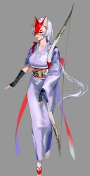 Rule 34 | 1girl, arm wrap, bow (weapon), breasts, carrying, carrying under arm, collarbone, corrupted twitter file, floating hair, fox mask, full body, geta, grey background, grey kimono, highres, hyojin, japanese clothes, kimono, korean commentary, long hair, long sleeves, mask, medium breasts, obi, original, ponytail, sash, simple background, solo, string, tasuki, two-sided fabric, very long hair, walking, weapon, white hair, wide sleeves