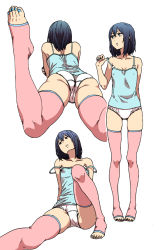 Rule 34 | 1girl, aqua nails, ass, back, barefoot, black hair, camisole, covered erect nipples, feet, flat chest, from behind, fumitan (humitan), head tilt, knee up, lying, multiple views, nail polish, no shoes, on stomach, original, panties, parted lips, pink thighhighs, short hair, simple background, sitting, skindentation, standing, strap slip, thighhighs, toeless legwear, toenail polish, toenails, toes, underwear, white background, white panties