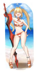 Rule 34 | 1girl, aestus estus, ahoge, bare shoulders, beach, bead anklet, bikini, blonde hair, blue sky, blush, breasts, cleavage, closed eyes, criss-cross halter, day, earrings, fate/grand order, fate (series), full body, hair between eyes, hair intakes, halterneck, hand on own hip, highres, jewelry, large breasts, legs, long hair, navel, nero claudius (fate), nero claudius (fate) (all), nero claudius (swimsuit caster) (fate), ocean, open mouth, red bikini, sandals, side-tie bikini bottom, sky, smile, striped bikini, striped clothes, swimsuit, sword, thighs, twintails, weapon, yayoi maka