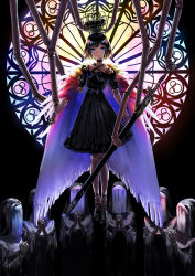 Rule 34 | 1girl, bad id, bad pixiv id, black hair, cape, choker, covered face, crown, detached arm, doll joints, dress, expressionless, feather trim, floating, highres, joints, looking at viewer, multicolored eyes, nun, original, own hands clasped, own hands together, praying, short hair, stained glass, sword, tsuki-shigure, veil, weapon, window