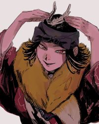 Rule 34 | 1girl, ainu, ainu clothes, animal skull, arms up, bandana, black hair, black lips, blue bandana, earrings, flipped hair, fur, fur collar, golden kamuy, grey background, highres, holding, hoop earrings, inkarmat, japanese clothes, jewelry, kimono, looking at viewer, quuuur gk, red eyes, red kimono, short hair, smile, upper body