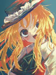 Rule 34 | 1girl, blonde hair, brown hat, brown vest, collar, crazy, crazy eyes, flat cap, frilled hat, frills, hat, hat feather, highres, jacket girl (dipp), mandarin collar, oiceringi, open mouth, red eyes, solo, touhou, upper body, vest, white vest
