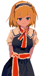 Rule 34 | 1girl, alice margatroid, arms behind back, ascot, blonde hair, blue dress, blue eyes, blue hairband, bob cut, closed mouth, cowboy shot, dress, hairband, half-closed eyes, highres, looking at viewer, puffy short sleeves, puffy sleeves, red ascot, red sash, reddizen, sash, shade, short sleeves, simple background, smirk, solo, split mouth, touhou, white background, white sleeves