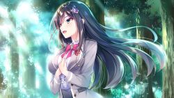 Rule 34 | 1girl, :d, black hair, blazer, bow, bowtie, breasts, collared shirt, day, dress shirt, floating hair, flower, forest, game cg, green eyes, hair between eyes, hair flower, hair ornament, hoshi no otome to rikka no shimai, jacket, kokonoe sumire, lens flare, long hair, long sleeves, medium breasts, mutou kurihito, nanotaro, nature, open clothes, open jacket, open mouth, outdoors, pink flower, pink rose, red bow, red bowtie, rose, school uniform, shirt, smile, solo, sparkle, standing, sunlight, upper body, very long hair, white shirt, wing collar