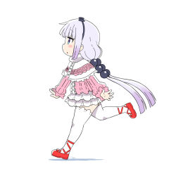 Rule 34 | 1girl, beads, blue eyes, blunt bangs, blush stickers, capelet, child, dress, from side, full body, hair beads, hair ornament, hairband, kanna kamui, kobayashi-san chi no maidragon, legs, long hair, low twintails, pink dress, pink hair, red footwear, ribbon, running, shirakawa mayumi, shoes, short dress, simple background, solo, thighhighs, thighs, twintails, white background, white capelet, white thighhighs