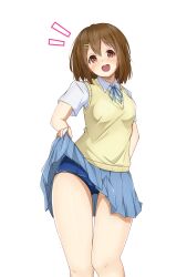 Rule 34 | 1girl, ^^^, absurdres, blue one-piece swimsuit, blue ribbon, blue skirt, brown eyes, brown hair, clothes lift, collared shirt, dress shirt, feet out of frame, gluteal fold, highres, hirasawa yui, k-on!, looking at viewer, neck ribbon, old school swimsuit, one-piece swimsuit, open mouth, ribbon, round teeth, sakuragaoka high school uniform, school swimsuit, school uniform, shirt, short hair, simple background, skirt, skirt lift, solo, standing, swimsuit, swimsuit under clothes, teeth, upper teeth only, vest, white background, white shirt, yasuc, yellow vest