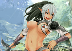 Rule 34 | 1girl, bad id, bad pixiv id, breasts, dyed bangs, echidna (queen&#039;s blade), echidna (queen's blade), elf, grey hair, large breasts, long hair, mocco (mocco san1), multicolored hair, nipples, open mouth, pointy ears, ponytail, queen&#039;s blade, snake, solo, torn clothes, two-tone hair, veteran mercenary echidna, weapon